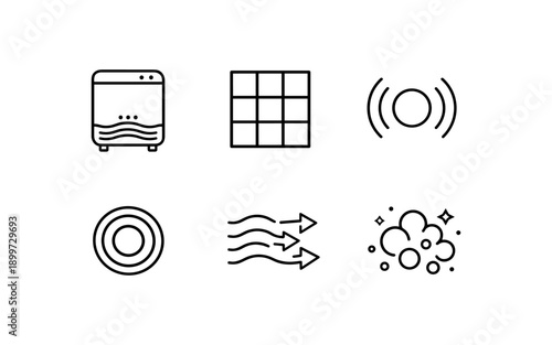 Set of six simple line icons representing household appliances and functions
