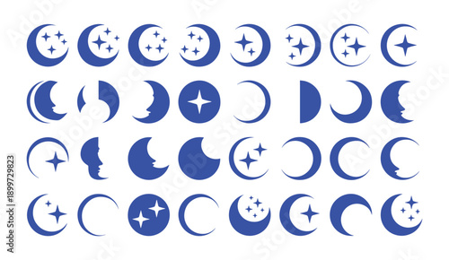 Crescent moon icon collection features varied crescent designs with stars, decorative patterns in black. Perfect moon vector set for celestial themes, spiritual designs, or astronomical projects