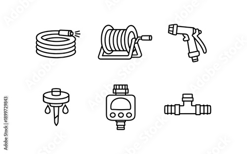 Collection of simple line art icons for garden watering equipment and accessories