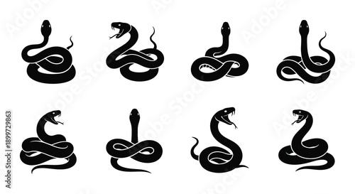 A collection of four distinct black snake silhouettes arranged in a grid on transparent background high quality professional detailed modern elegant
