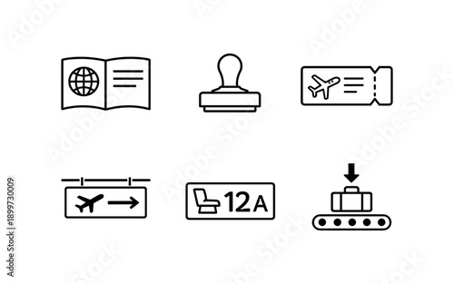 Collection of simple line icons representing air travel and airport services