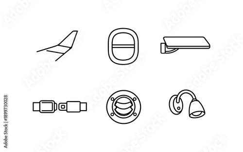 Collection of airplane interior icons: seat, window, tray table, seatbelt, vent, and lamp