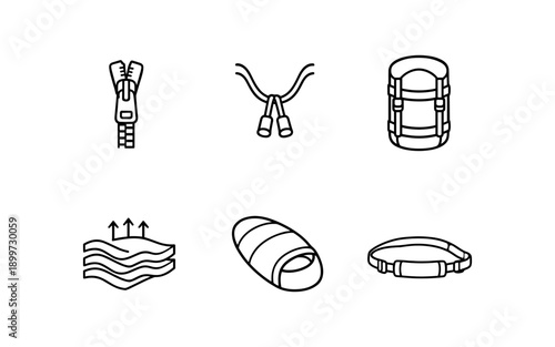 Set of camping and outdoor gear icons including zipper, sleeping bag, and fabric layers