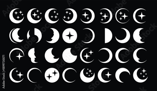 Crescent moon icon collection features varied crescent designs with stars, decorative patterns in black. Perfect moon vector set for celestial themes, spiritual designs, or astronomical projects
