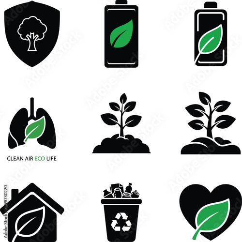 Eco life icons set with battery, lungs, house, and heart symbols representing environmental protection