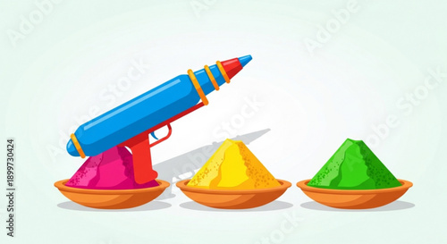 Colorful Holi Powder in Bowls with Paint Gun on White Background