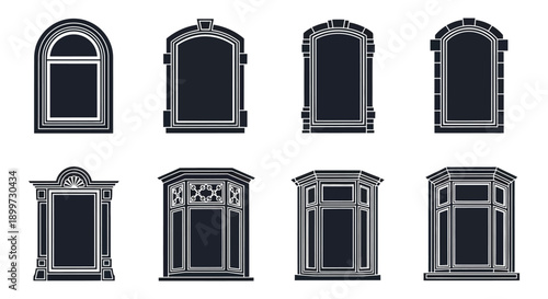 A collection of six ornate window frames in black and white ideal for design projects on transparent background silhouette high quality