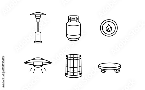 Collection of outdoor heating and lighting icons with a gas cylinder and fire symbol