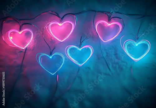 Glowing neon heart string lights in pink and blue hues on dark background neon hearts glowing hearts