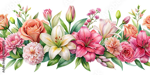 Pink and white flowers with green leaves on black background
