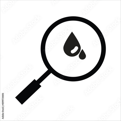 Blood test analysis icon. Magnifying glass with blood drop silhouette symbol for medical research, lab testing, and diagnostic concepts.