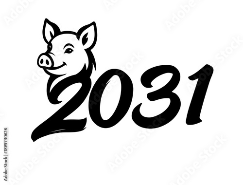 Stylized head of a pig with the image of the year 2031 according to the zodiac sign.
