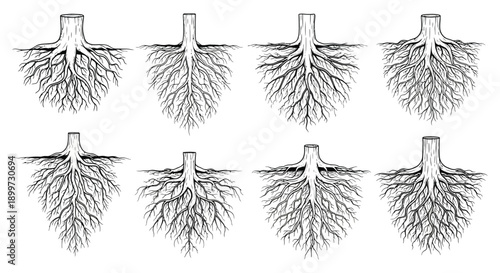 Detailed illustration of eight tree roots with complex branching patterns ideal for design work on transparent background silhouette high quality professional
