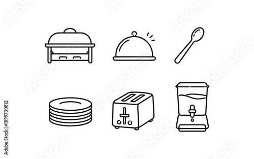 Collection of simple line art icons representing kitchen and catering equipment