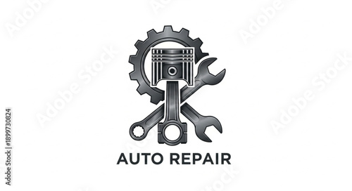Auto Repair Service Emblem with Piston and Wrenches.