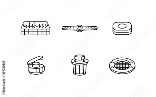 Set of six dishwasher parts icons in a clean line art style for easy recognition