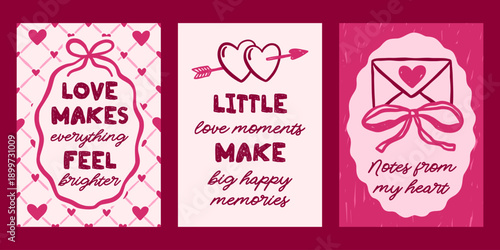 Whimsical Valentines day vector cards set. Vintage retro love print designs with letters, bows, hearts illustration, romantic quotes in coquette frames