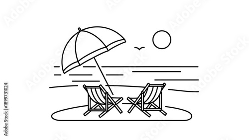 Beach chairs under umbrella on sand at sunset