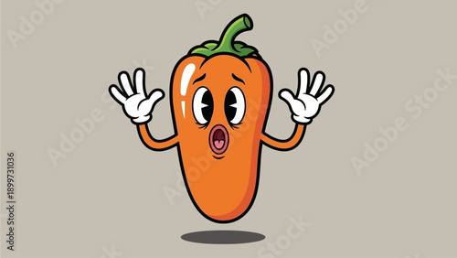 Retro cartoon orange chili pepper character expressing extreme surprise with wide eyes and raised hands, a whimsical illustration of shock or fear