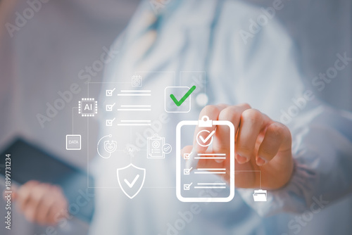 Fotografie Healthcare compliance certification concept with AI-powered checklist, medical p