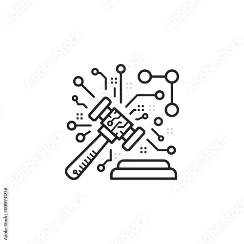 Cyber law icon with gavel and digital circuit board