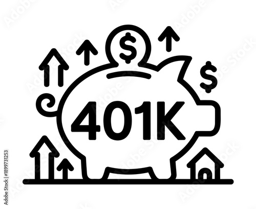 A graphic illustration of a 401k piggy bank with growing money