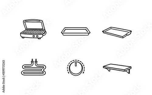 Collection of line art icons representing parts of a grill and cooking accessories