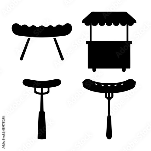 Silhouettes of classic outdoor food items including a grill, hot dog cart, and sausages on forks