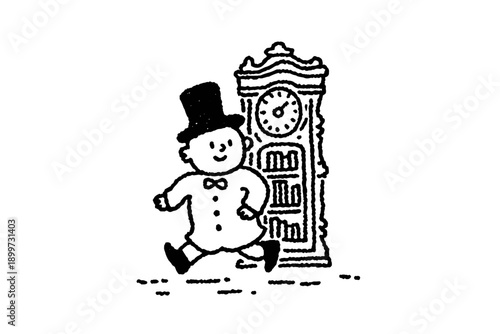 Vintage Illustration of a Cheerful Character with a Grandfather Clock