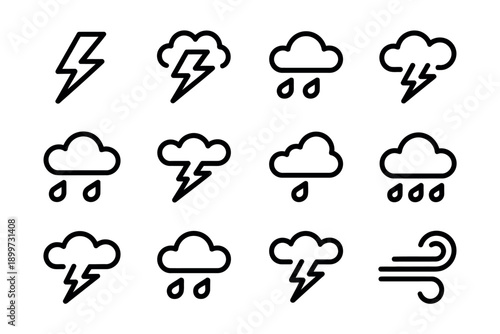 A set of weather icons depicting rain, lightning, and wind on a white background