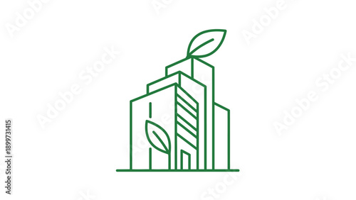 Eco-friendly green buildings with leaves minimal line art logo