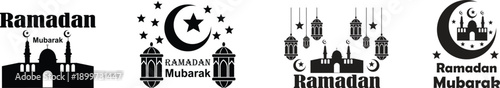 Ramadan Mubarak Islamic icon set with mosque lantern crescent moon and stars in flat styles. Religious greeting typography silhouette celebration vectors illustration for banner, posters and cards.