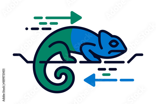 A colorful chameleon changing colors on a branch with arrows