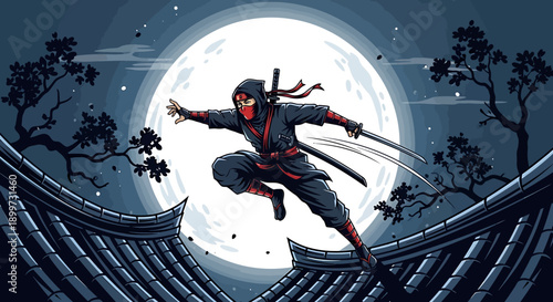 Dynamic ninja warrior leaps gracefully across ancient rooftops under a luminous full moon, embodying swift movement and stealth in a captivating, action-packed night scene
