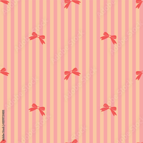 Seamless bow pattern with cute ribbons on pastel striped background. Decorative girly wallpaper.