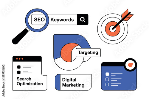 A colorful illustration of SEO and digital marketing concepts and tools