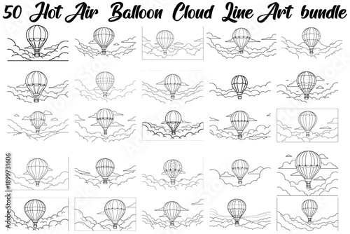 Hot Air Balloon Cloud Line Art bundle