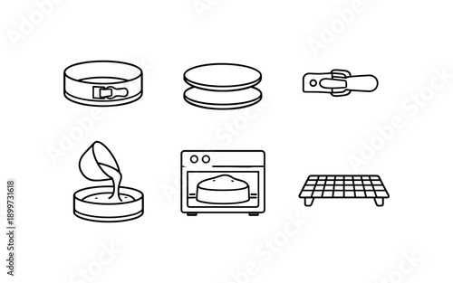 Collection of baking and cooking icons representing kitchen tools and processes