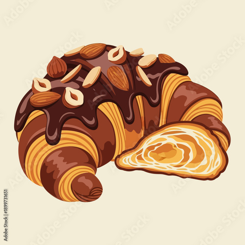 A delicious chocolate croissant with nuts and a slice cut off on a plate.