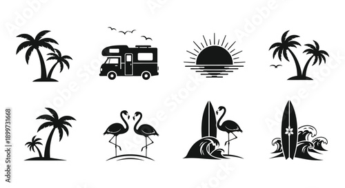 A collection of tropical vacation icons featuring a camper flamingos and palm trees on transparent background silhouette high quality professional detailed
