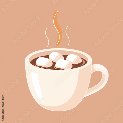 A steaming mug of hot chocolate with marshmallows on top sits on a table indoors.