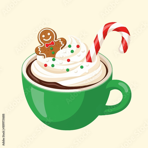 A festive holiday scene of a green mug filled with hot chocolate topped with whipped cream gingerbread man candy cane and sprinkles on a light background