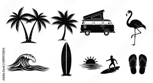 A collection of tropical vacation elements including palms campervan wave and flamingo in silhouette on transparent background high quality professional detailed