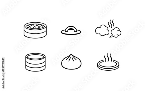 Collection of simple line art icons representing steaming food and cooking elements