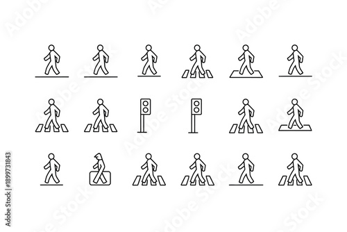 A collection of pedestrian crossing icons on a white background