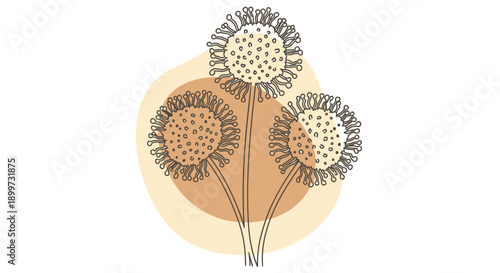 Vector illustration of three stylized flowers with dotted centers and brown stems on a beige circle background, for website or social media graphics