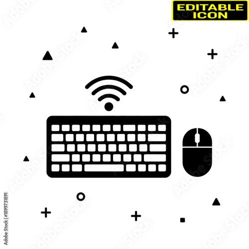 A modern wireless keyboard and mouse set with a glowing wifi symbol above them. Vector