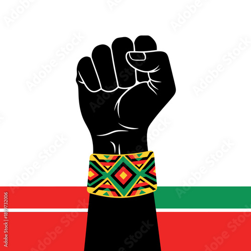 A powerful fist raised in protest with a vibrant bracelet on a wrist against a striped background symbolizing social issues and cultural unity.
