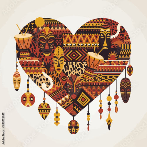 Vibrant tribal patterned heart with African masks and drums hanging in a decorative arrangement.