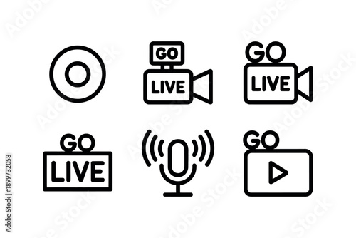 A set of black line icons for live streaming and video recording